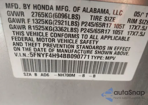 2011 Honda Pilot Touring z USA, uszkodzony, nr VIN 5FNYF4H94BB090771